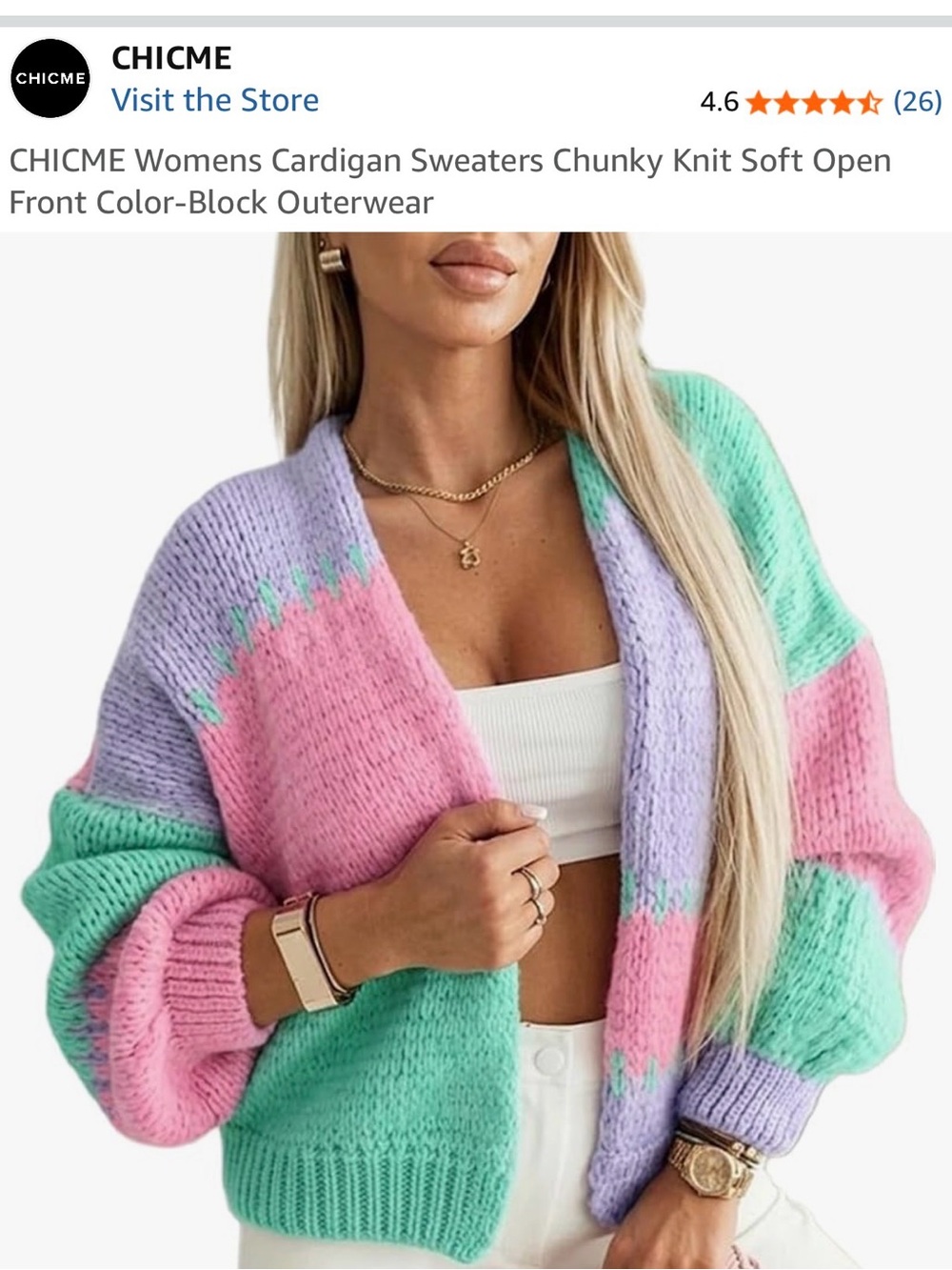 CHICME Pastel Color-Block Open Front Cardigan - Pink, Mint & Lavender